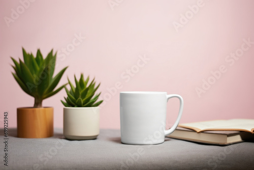 White mug mockup with office supplies on table and green plants in pot. Cup mock up showcase