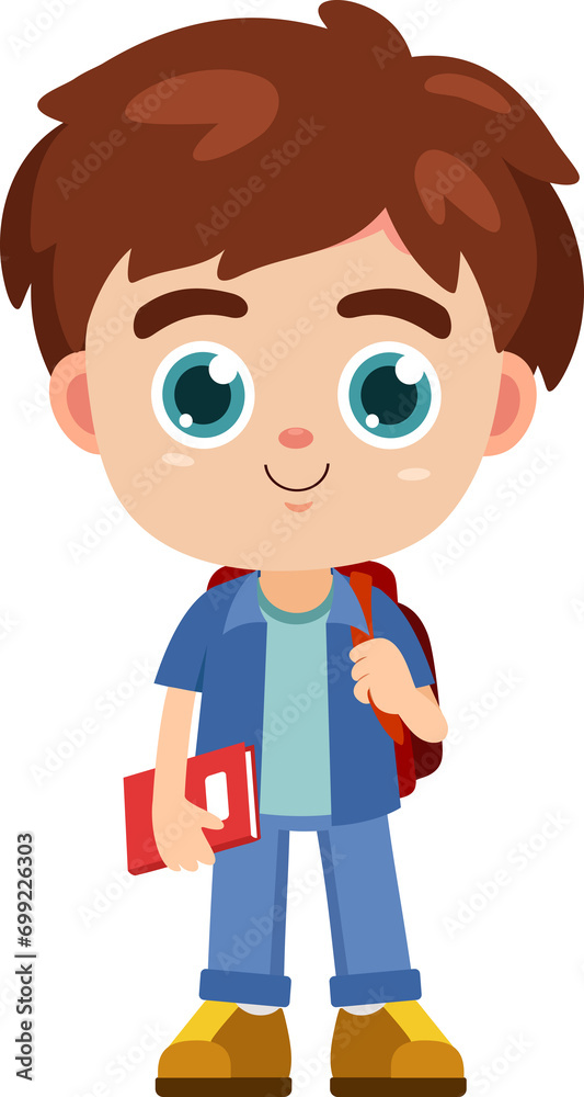 Happy School Boy Cartoon Character With Backpack And Textbook. Flat Illustration Isolated On Transparent Background Happy School Boy Cartoon Character With Backpack And Textbook. Flat Illustration Isolated On Transparent Background