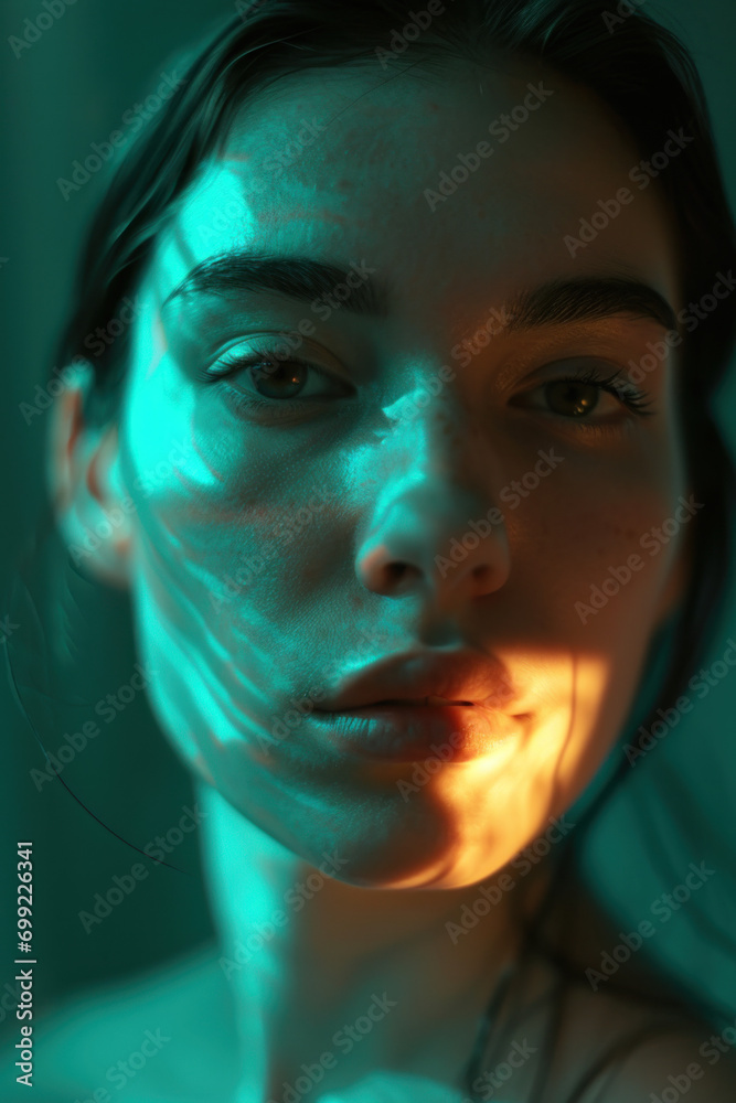 portrait en gros plan d'une jeune femme au regard sévère et intense portrait en gros plan d'une jeune femme au regard sévère et intense