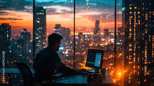 homme d'affaires dans un bureau devant son ordinateur le soir dans les locaux d'une entreprise au sommet d'un bâtiment moderne avec vue sur les grattes ciels du quartier photo