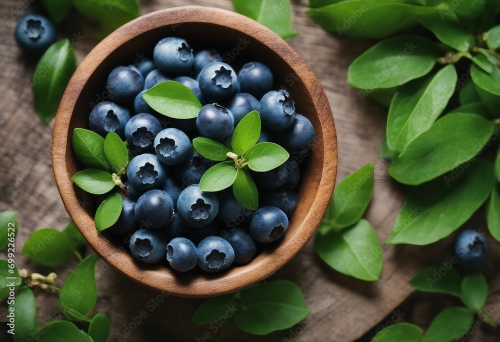 Top view from fresh Vaccinium myrtillus European blueberry and green leaves in a wooden bowl