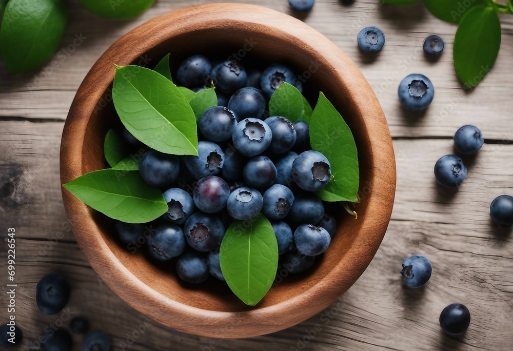 Top view from fresh Vaccinium myrtillus European blueberry and green leaves in a wooden bowl Top view from fresh Vaccinium myrtillus European blueberry and green leaves in a wooden bowl