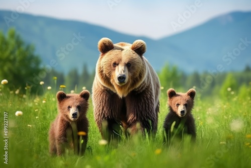 A bear and two cubs in a grassy field