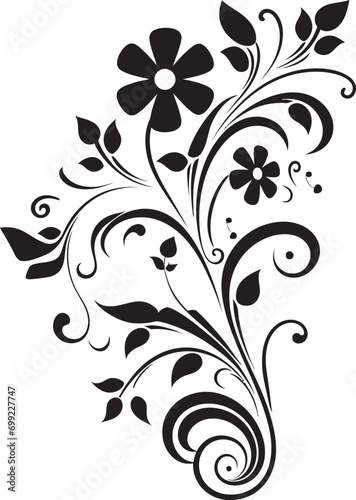 Noir Botanical Flourish Black Vector Logo Emblem Artistic Floral Cascade Hand Drawn Black Iconic Design