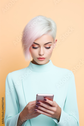 Young Woman with Platinum Blonde Hair and Peach Make Up Holding Pink Smartphone. Studio Pastel Portrait Close-Up .