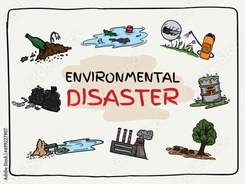 Bright vector illustration of the ecological catastrophe of the Earth. Elements and Symbols of Environmental Pollution