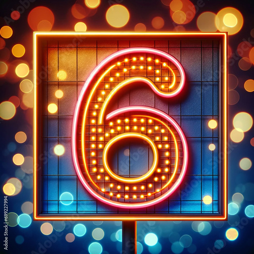 Luminous Neon Number Six  luminous  neon  number six  orange  glowing  bright  bokeh  festive  3D  light  celebration  electric sign  vibrant  night