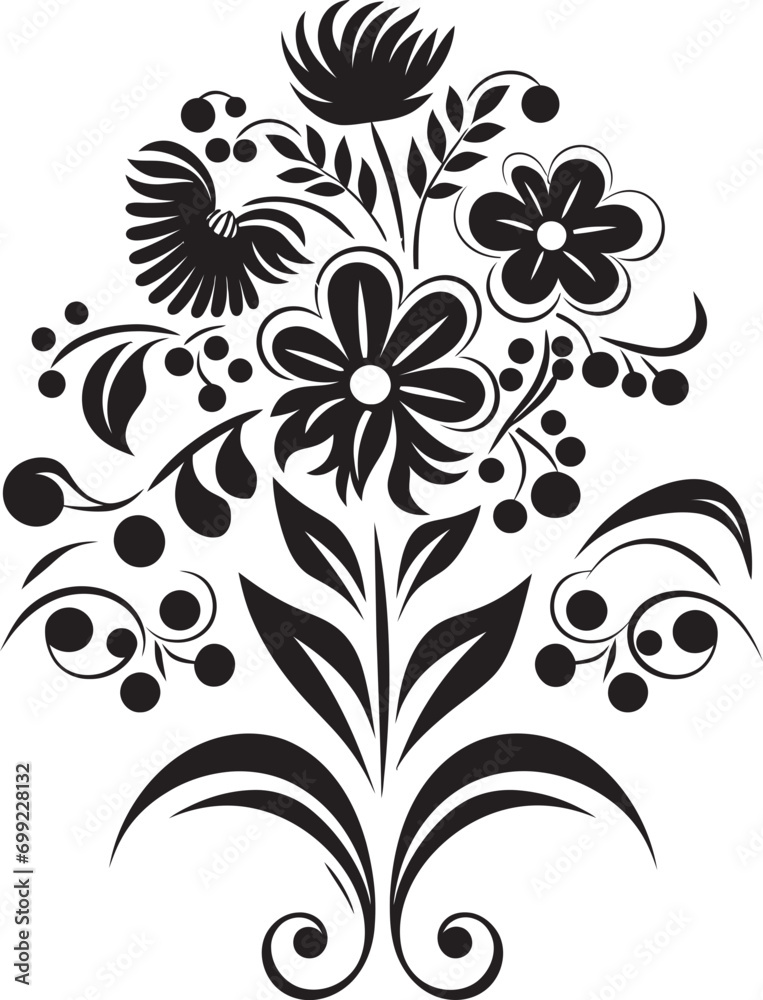 Whimsical Noir Bouquet Black Iconic Logo Element Vintage Floral Detailing Hand Drawn Vector Icon