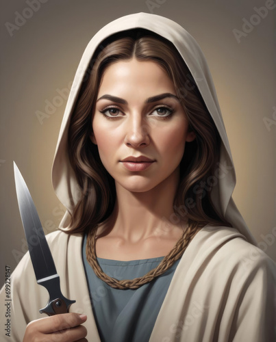 Realistic Portrait of Delilah - a biblical figure rendered in flat illustration style with two-tone shading Gen AI photo