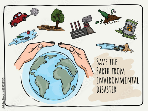 Bright vector illustration of the protection of the Earth from environmental Disaster, Pollution and Global Warming