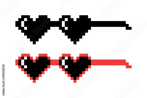 Vector Pixel Boss Glasses Icon Set in 8 bit Retro Style. Summer Meme Game Thug Design, Mafia Gangster Funky Sunglasses. Rap Music Design Element