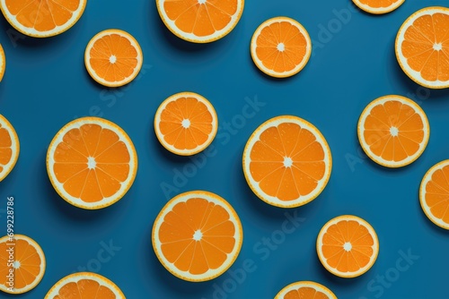 A group of sliced oranges sitting on top of a blue surface