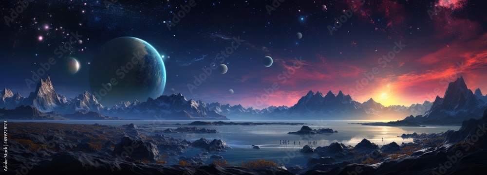 Alien Planet - A Fantasy Landscape with blue skies and clouds Alien Planet - A Fantasy Landscape with blue skies and clouds