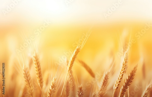 Wheat field. Ears of golden wheat close up. Beautiful Nature Sunset Landscape. 