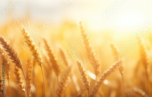 Wheat field. Ears of golden wheat close up. Beautiful Nature Sunset Landscape. 