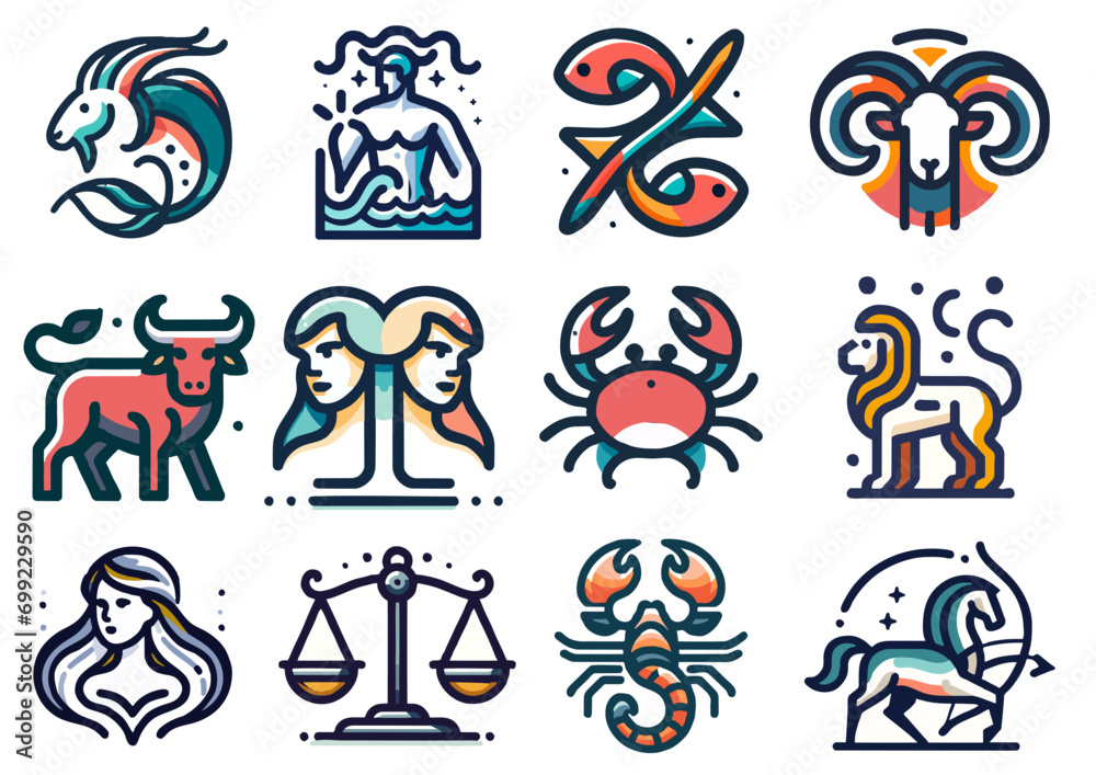 Zodiac Icon Sheet - All 12 Zodiac Signs in Vector format - Easily Editable