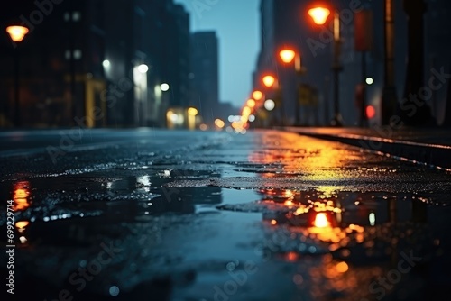 A wet street at night with street lights
