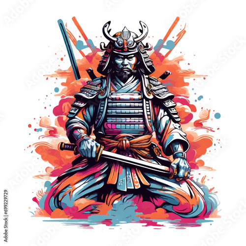 A psychedelic graphic design with samurai japan, vector style, for T-shirt printing.