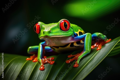 A frog with red eyes sitting on a leaf