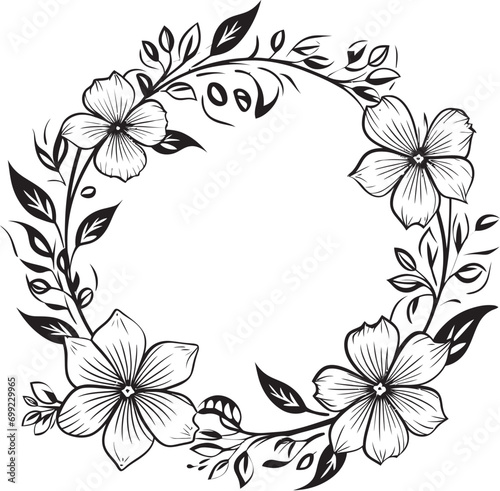 Clean Petal Wreath Black Hand Drawn Iconic Logo Whimsical Floral Arrangement Vector Wedding Emblem