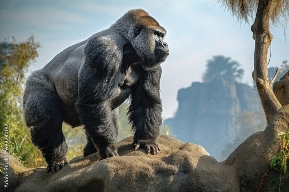 A large gorilla standing on top of a rock