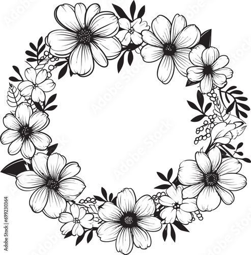 Elegant Wedding Bloom Black Vector Floral Emblem Graceful Wreath Sketch Artistic Black Logo Icon
