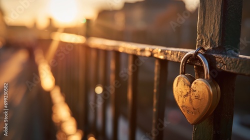 A heart-shaped padlock attached to a bridge railing, bathed in the golden light of sunset, with a blurred cityscape background. photo