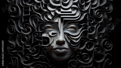 Frauengesicht in 3D-Labyrinth. Konzept: Komplexität und Rätselhaftigkeit von Persönlichkeit und Psyche. Künstlerisch, geheimnisvoll. Abstrakte Illustration mit dunklem Hintergrund
