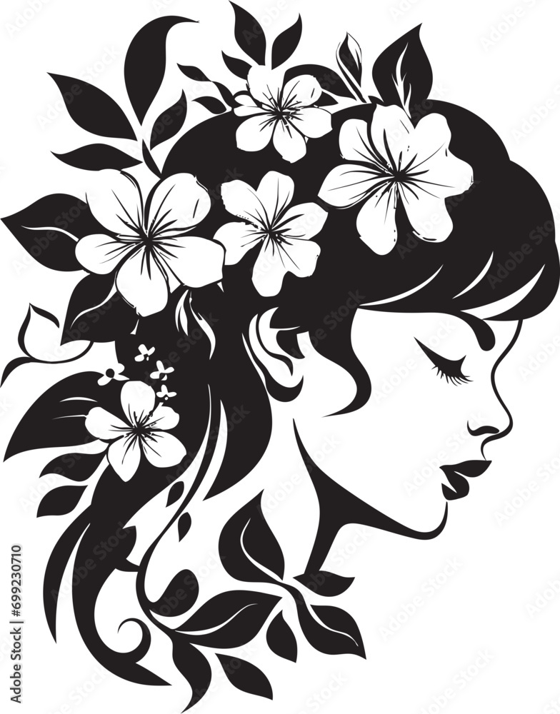 Modern Floral Grace Black Woman Icon Design Artistic Blossom Contours Elegant Vector Lady
