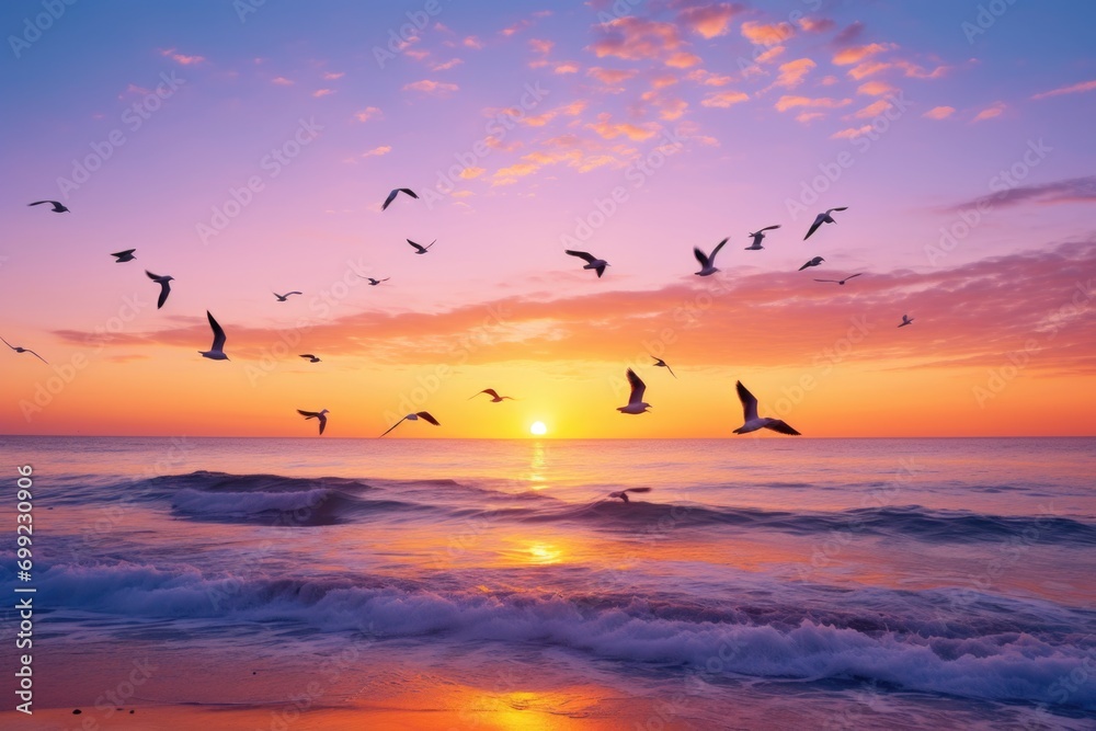 Pink sunset on the sea with flying birds
