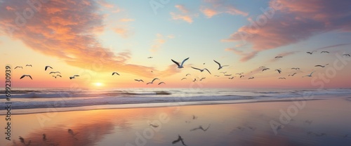 Pink sunset on the sea with flying birds
