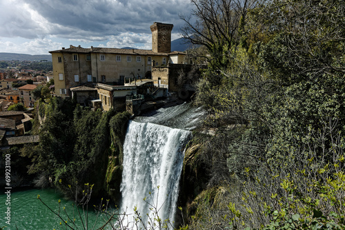 Scenic waterfall in the Isola del Liri, a town in the Province of Frosinone, Lazio, central Italy in Europe. Country tourist destination for the history and the natural waterfall in spring 