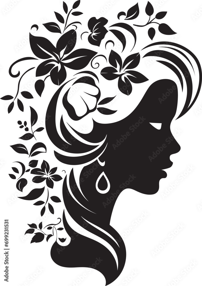 Whimsical Feminine Radiance Vector Face Modern Flower Portrait Black Woman Emblem