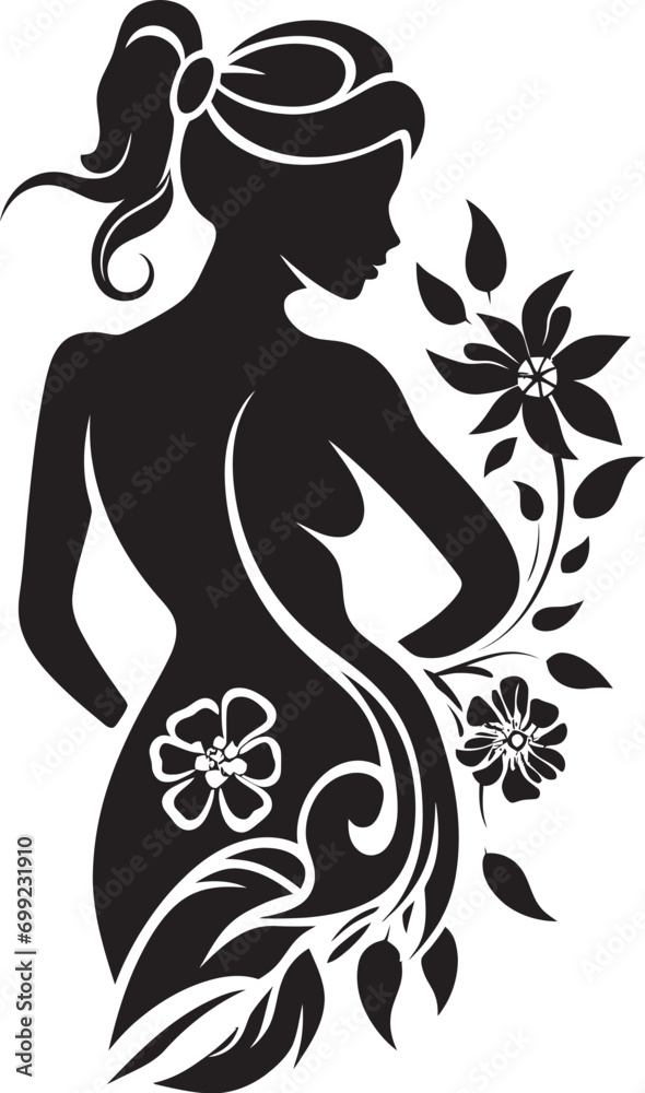 Clean Floral Couture Black Hand Drawn Icon Whimsical Petal Radiance Vector Woman Icon