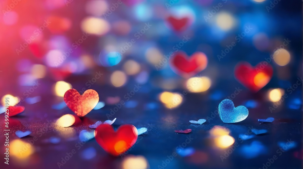 heart shaped bokeh, confetti for wedding, blurry heart background, romantic, valentine's day, depth of field, heart shaped multicolored lights, haze, rainbow, blue blurred background

