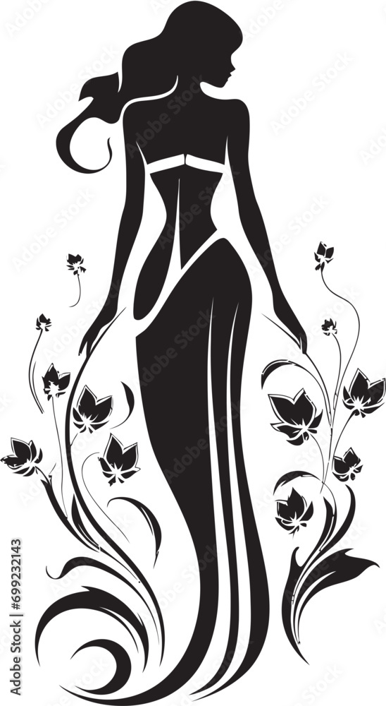 Graceful Full Body Florals Black Emblem Design with Woman Chic Floral Harmony Woman Vector Profile with Blossoms Graceful Full Body Florals Black Emblem Design with Woman Chic Floral Harmony Woman Vector Profile with Blossoms