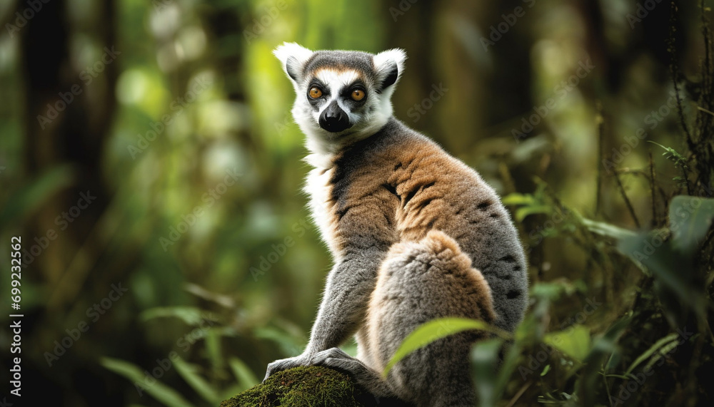 Cute ring tailed lemur sitting on branch, staring at camera generated by AI
