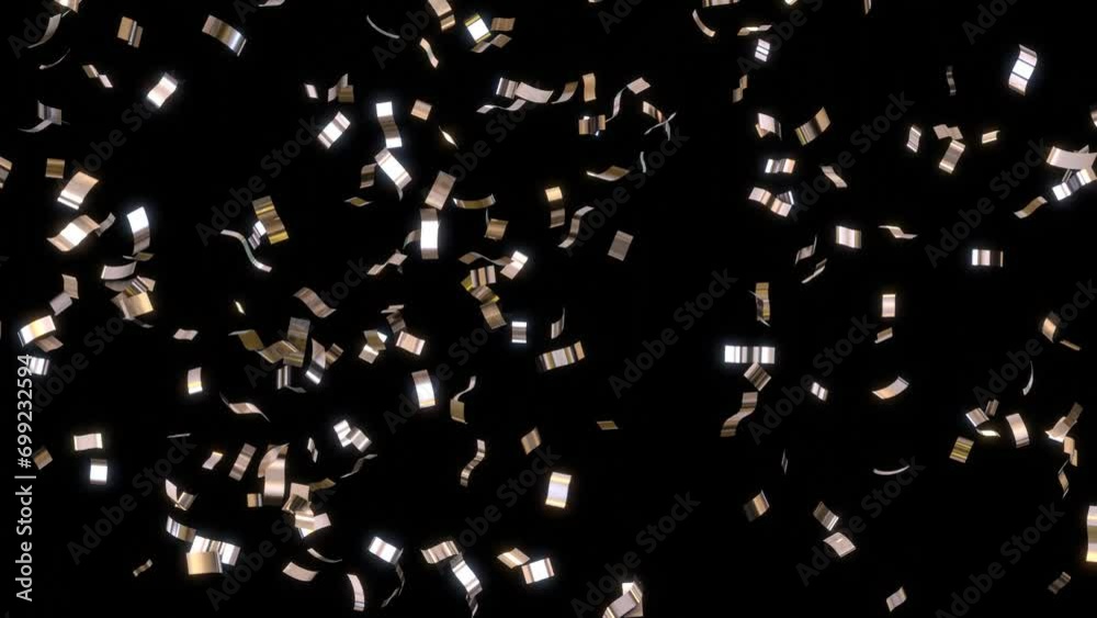Animation of silver confetti falling down over black background.