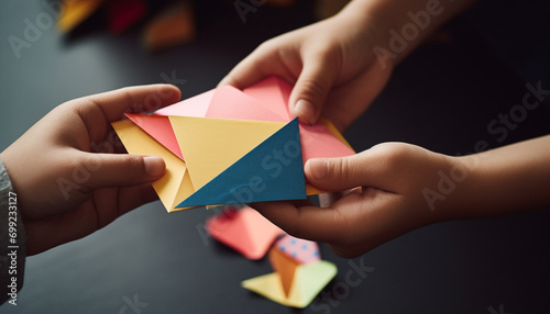 Child playing with a colorful paper puzzle, sparking creativity and imagination generated by AI