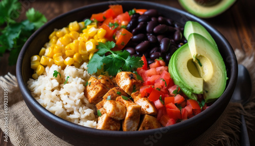 Freshness and variety on a wooden table, healthy vegetarian meal generated by AI