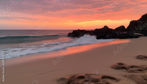 Sunset over the tranquil coastline, waves crashing on sandy shores generated by AI