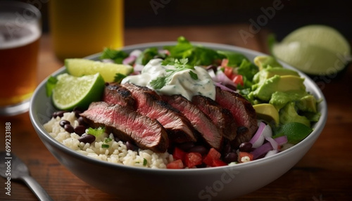 Freshness and flavor on a plate, grilled beef with salad generated by AI