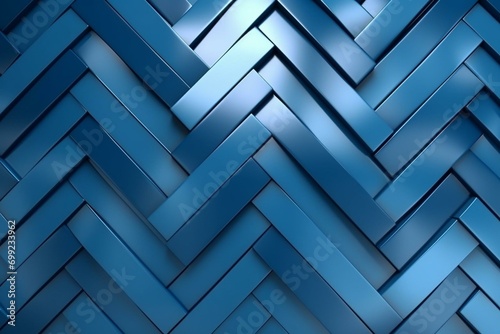 Blue polished wall with herringbone tile wallpaper. Futuristic blocks. 3D render. Generative AI