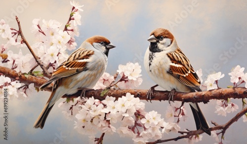 two birds stand on a tree branch