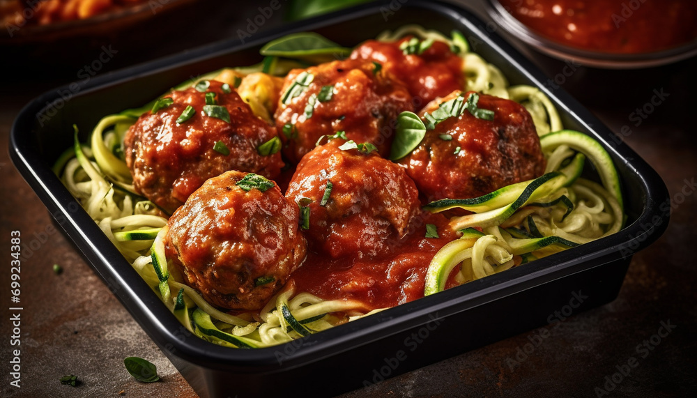 Fresh homemade meatball pasta on a rustic wooden table generated by AI