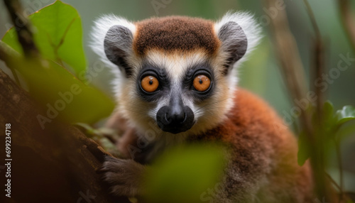 Cute lemur looking at camera in tropical rainforest, striped fur generated by AI © Jeronimo Ramos