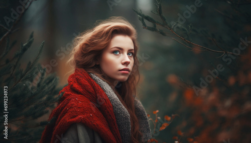 A young woman in the forest, smiling, surrounded by autumn leaves generated by AI