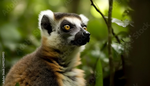 Lemur, primate, endangered species, mammal, Africa, animal eye, cute, outdoors, forest, tropical rainforest generated by AI