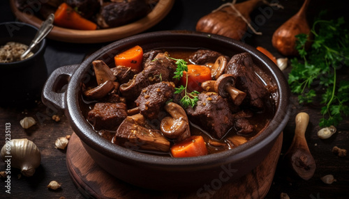 A rustic homemade beef stew with mushrooms, vegetables, and gravy generated by AI photo