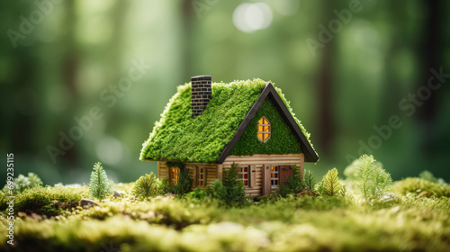 Miniature house covered with moss and greenery, set in a lush, mossy landscape with beams of sunlight filtering through the background.